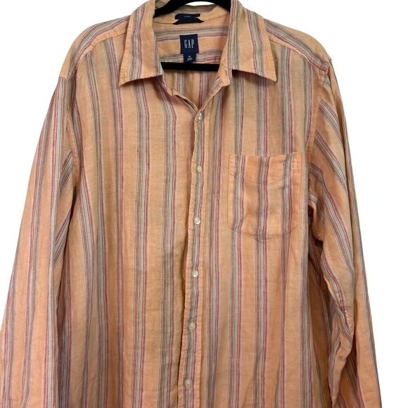 Gap Men's 100% Linen Striped Orange Vibrant Button Down Shirt Size XL - Picture 4 of 11